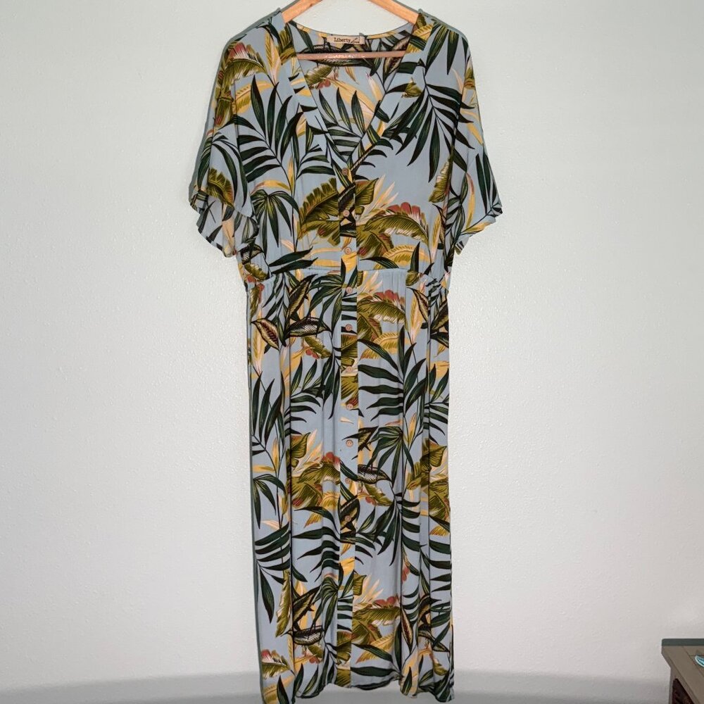 Liberty Love Tropical Blue Green Palm Button Down Soft Rayon Dress‎ Size 2XL